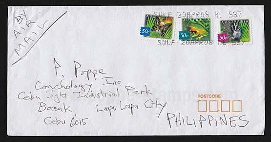 2008 Abril 20 : Mariposa 2003, aderible (Scott : 2164), sobre carta a Lapu Lapu, Cebu, Filipinas, con