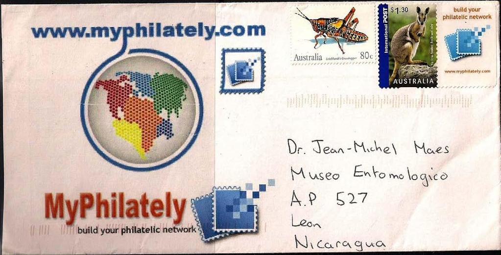 2008 Julio 3 : Insectos 2003 (Scott : 2188), sobre carta a León, Nicaragua (23-VII-2008), con sellos adicional kanguru personalizado con label de My