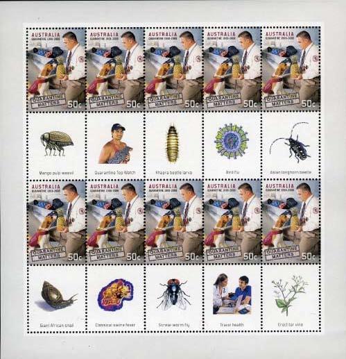 2008 Julio 15 : 100 Aniversario del Servicio de Cuarentenado, hoja de 10 sellos con 10 labels (Scott : xxx).