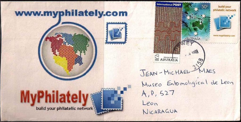 2008 Septiembre : Carta enviada de Upwey a León, Nicaragua (19-IX-2008), con sellos pintura (Scott xxx) y constellación sobre Australia personalizado con