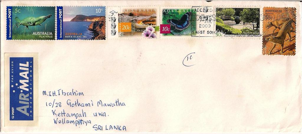 2009 Enero 6 : Mariposas 2003 (Scott : 2235-2238), sobre carta de Adelaide a Wellampitiya, Sri Lanka.