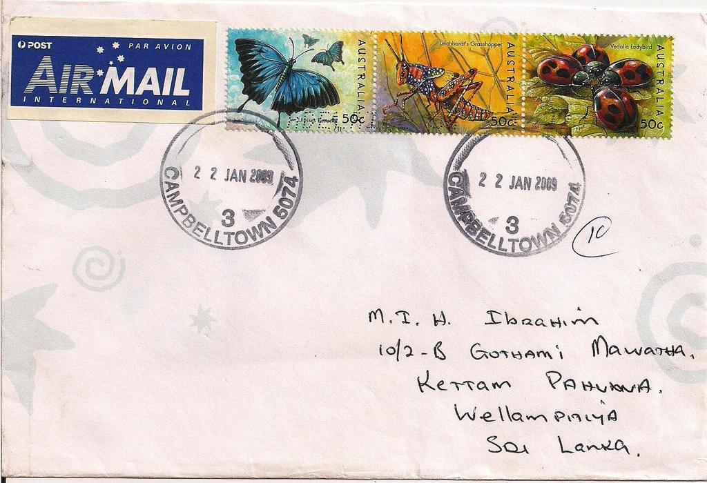 2009 Enero 22 : Insectos 2003, tira de 3 sellos engomados (Scott : 2189 a), sobre cartya enviada de Cambelltown a Wellampiniya, Sri Lanka