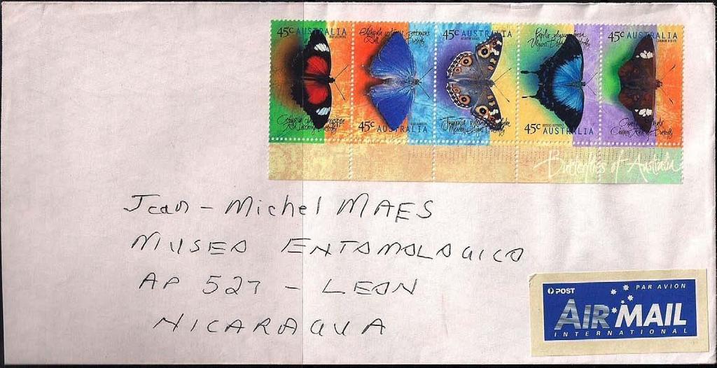 2009 Enero : Mariposas 1998, gomados (Scott 1690-1694), sobre carta enviada de Berwick, Victoria a León, Nicaragua (3-II-2009).