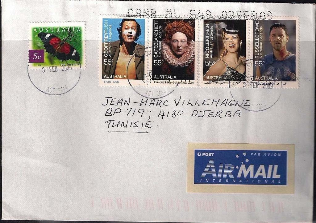 2009 Febrero 3 : Mariposa 2004, gomado (Scott 2235), sobre carta enviada de Canberra a Djerba, Tunisia, con sellos adicionales Australian