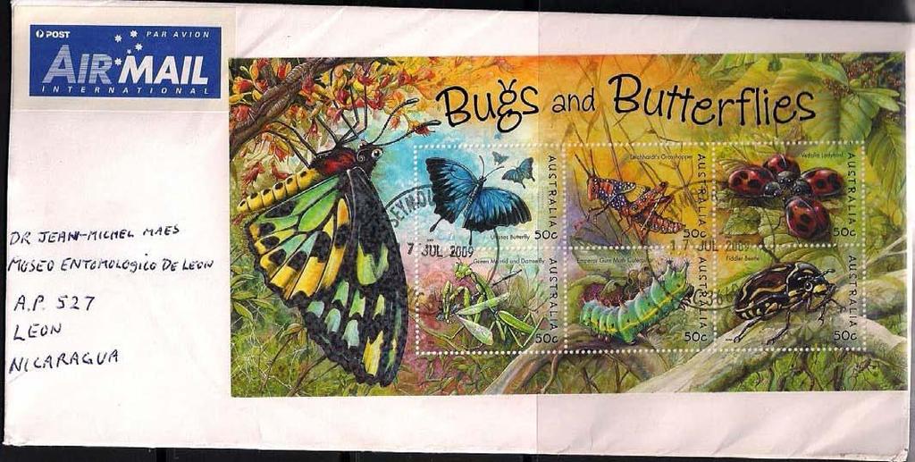2009 Julio 7 : Insectos 2003, gomados, BF de 6 sellos (Scott : 2192 b), sobre carta de Seymour, Victoria a León, Nicaragua (4-VIII-2009).