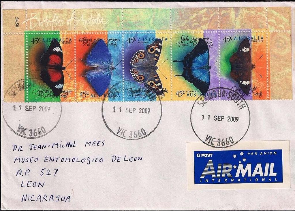 2009 Septiembre 11 : Mariposas 1998, gomados, mitad de hoja (Scott : 1690-1694), sobre carta de Seymour, Victoria a León, Nicaragua (30-IX-2009).
