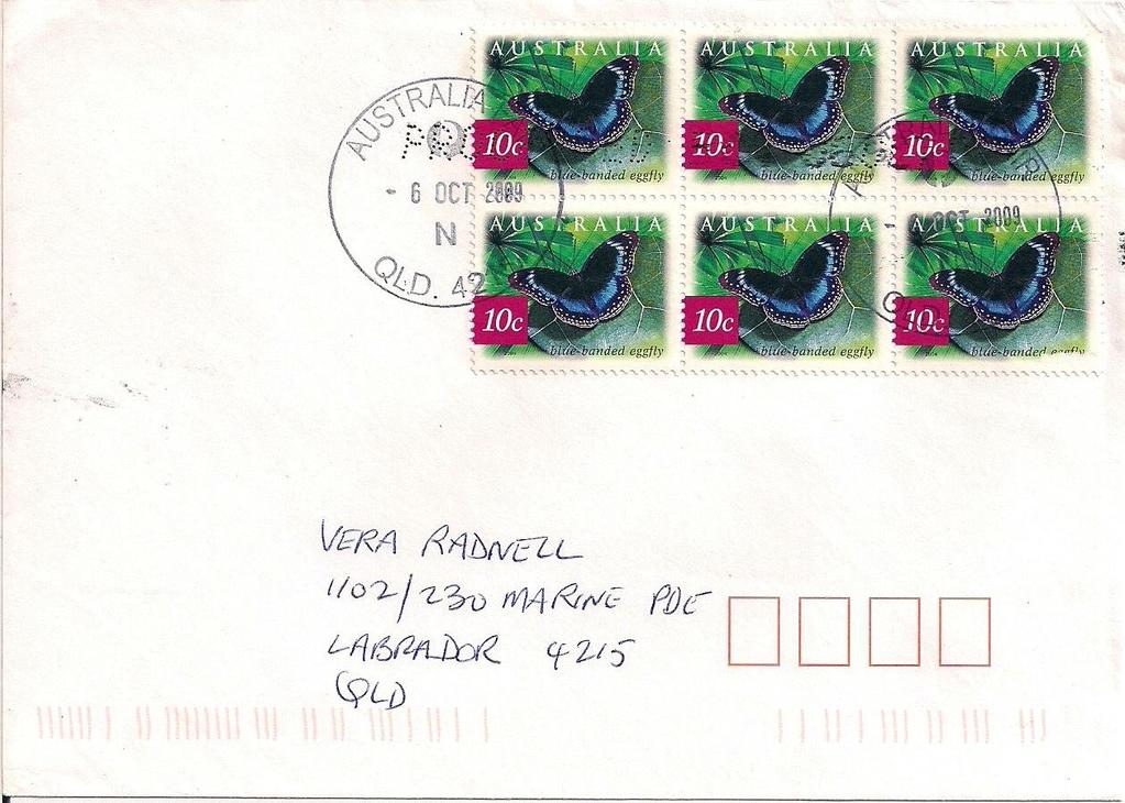 2009 Octubre 6 : Mariposa 2004, gomado, 1 bloque de 6 sellos (Scott 2236), sobre carta enviada de Australia Fair,