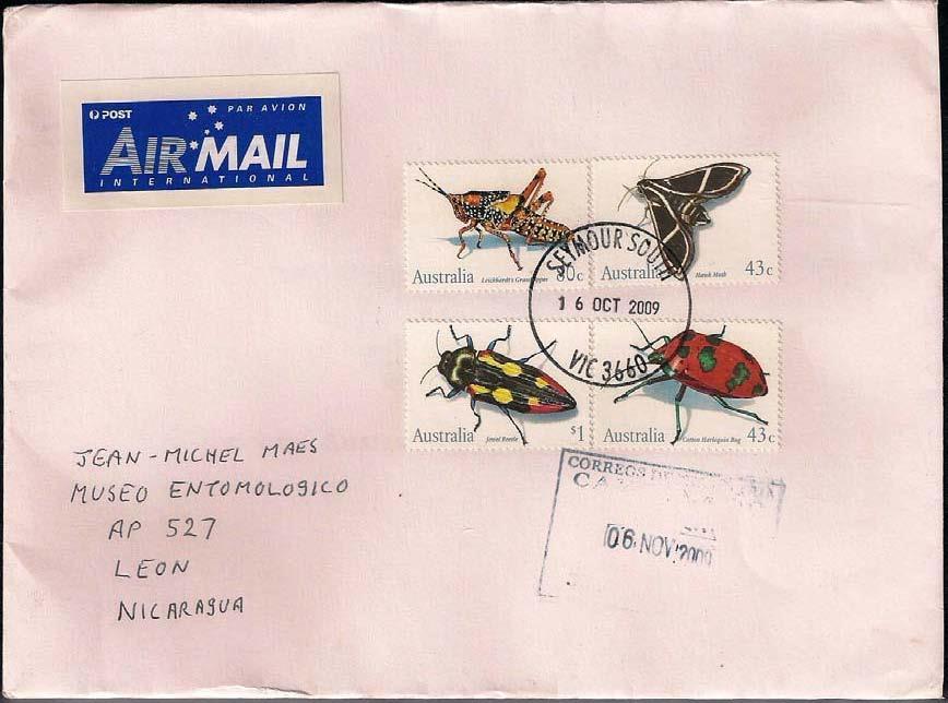 2009 Octubre 16 : Insectos 1991 (Scott : 1211-1214), sobre carta enviada de Seymour, Victoria a León, Nicaragua (6-XI-2009).