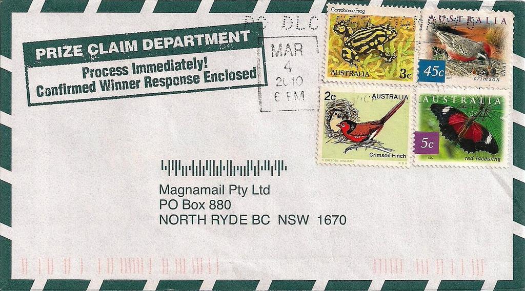 2010 Marzo 4 : Mariposa 2004, gomado (Scott 2235), sobre carta enviada a North Ryde, New South Wales, Australia.