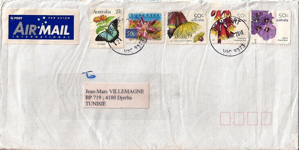 2010 Marzo 24 : Mariposas 1983 (Scott : 872-880), sobre carta enviada de Beaufort, Victoria a Djerba, Tunisia