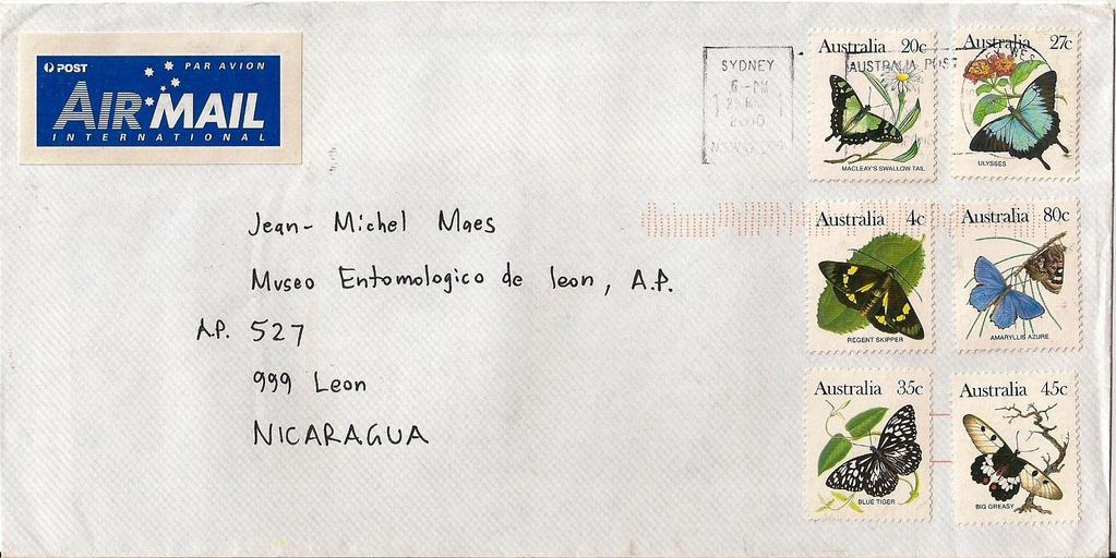 2010 Marzo 25 : Mariposas 1983 (Scott : 872-880), sobre carta enviada de Sydney a León, Nicaragua (14-IV-2010).