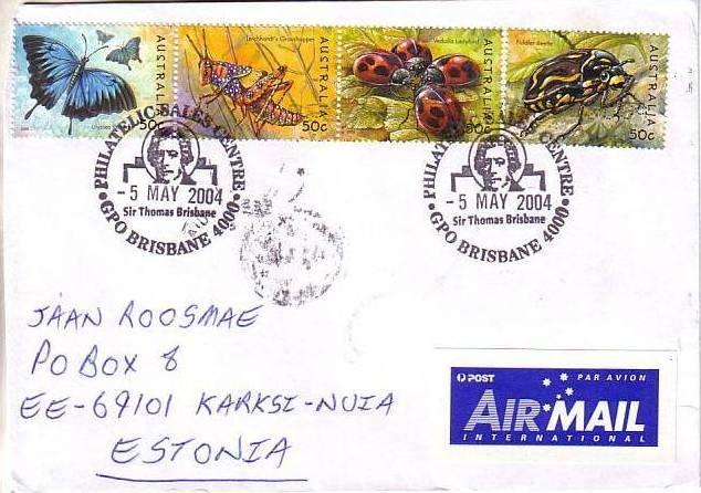 2004 Mayo 5 : Insectos 2003, gomados (Scott : 2193 2198), sobre carta de Brisbane a Karksi-Nuia, Estonia.
