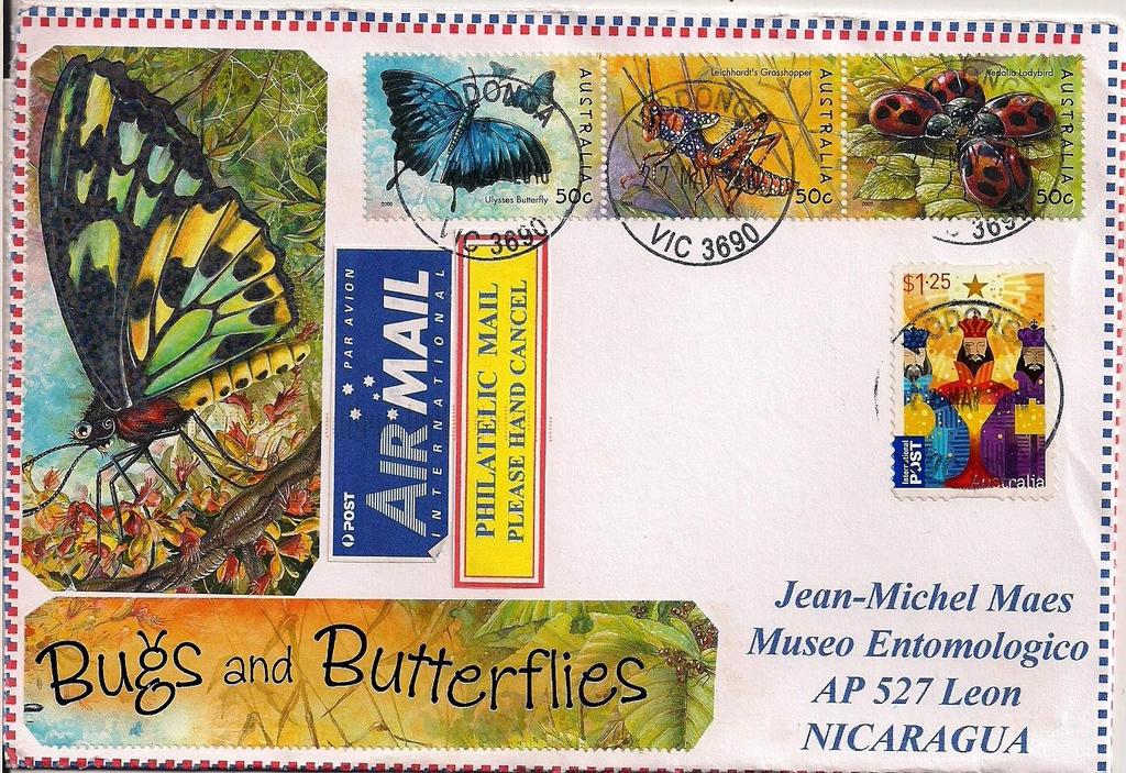 2010 Mayo 27 : Insectos 2003, gomados, en tira de 3 sellos proveniente de BF (Scott : 2189), sobre carta de Woodonga, Victoria a León, Nicaragua (19-VI-2010).