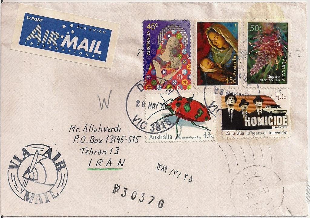 2010 Mayo 28 : Insectos 1991 (Scott : 1211-1214), sobre carta de Drouin, Victoria a Teheran, Iran, con sellos adicionales Navidad (2004 Scott 2316), Navidad (2006