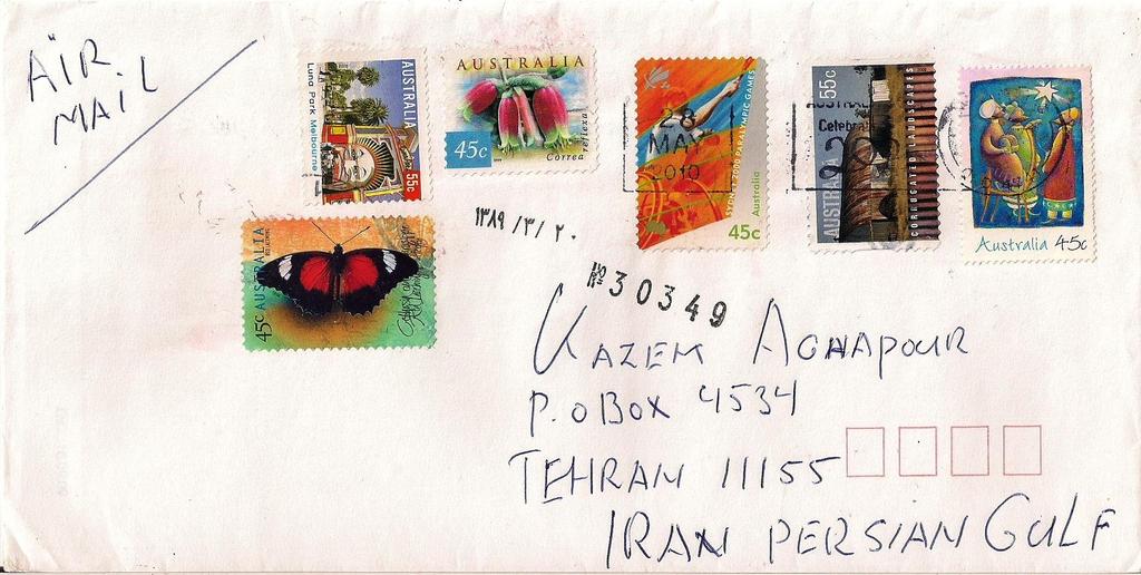 2010 Mayo 28 : Mariposas 1998, auto adheribles (Scott : 1695-1699) sobre carta de Mackay, Queensland a Teheran, Iran.