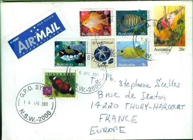 2011 Abril 16 : Mariposa 2004, gomado (Scott 2235), sobre carta enviada de Sydney a Thury-Harcourt, Francia.