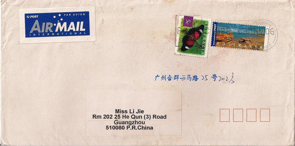 2004 : Mariposas 2003 (Scott : 2235-2238), sobre carta de Melbourne a Guangzhou,