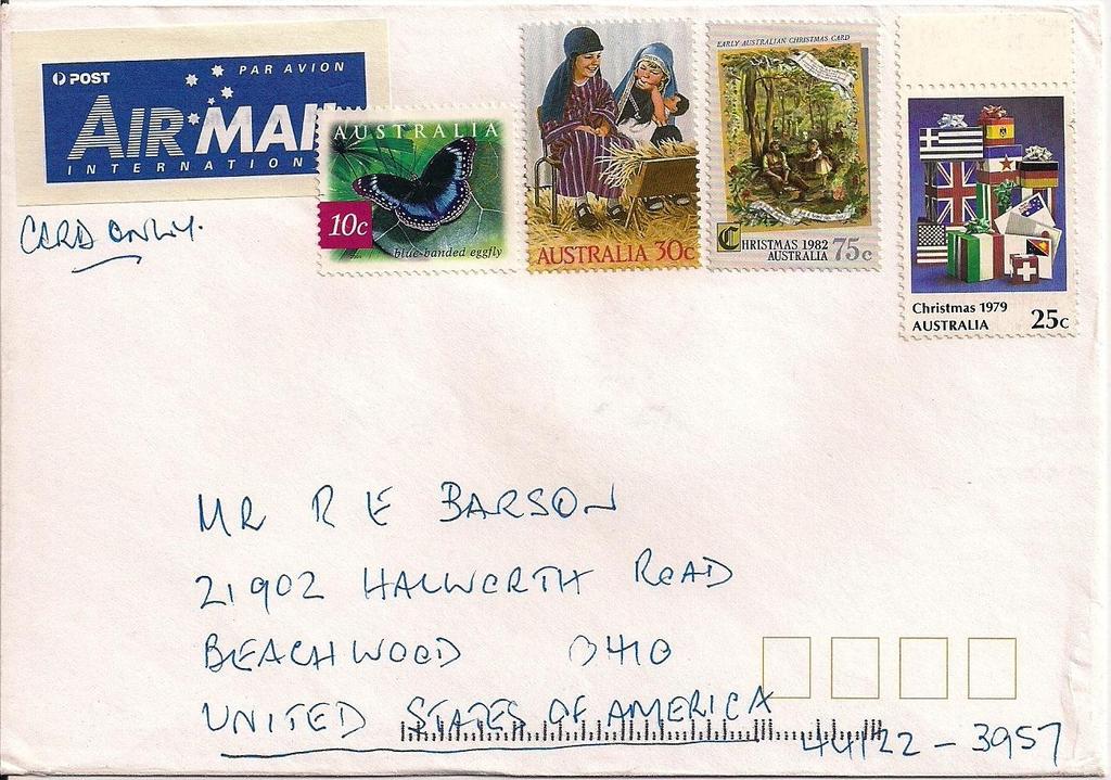 2004 : Mariposas 2003 (Scott : 2235-2238), sobre carta de Trevallyn, Tasmania a Beachwood, Ohio, USA.