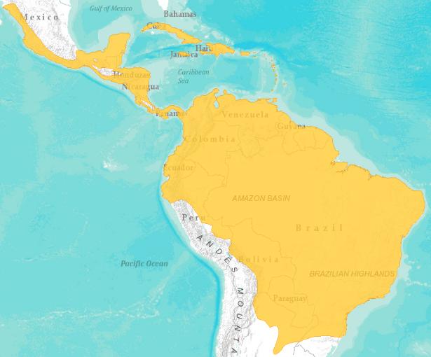 Figura 67. Mapa de distribución global de Noctilio leporinus. Fuente: Barquez et al. (2008b) Figura 68. Mapa de distribución de Noctilio leporinus en las áreas silvestres protegidas en Costa Rica.