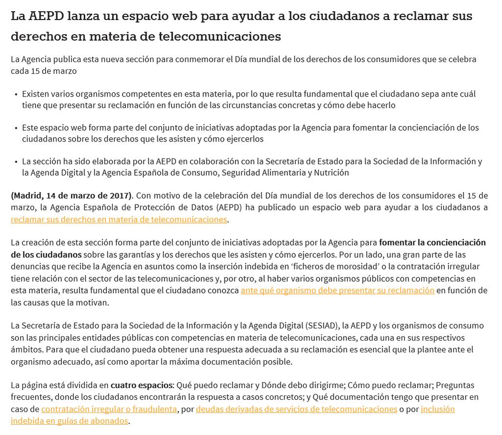 Página 4 ACTUALIDAD LOPD La AEPD lanza un espacio web para ayudar a los ciudadanos a reclamar sus derechos en materia de telecomunicaciones Fuente: www.agpd.