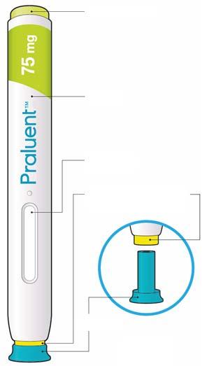 Praluent 75 mg solución inyectable en pluma precargada alirocumab Instrucciones de uso En la siguiente imagen se muestran las partes de la pluma de Praluent.