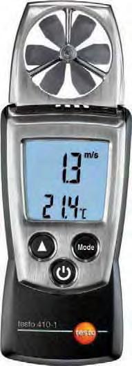 Anemómetro de molinete testo 410 Anemómetro de bolsillo Medición de temperatura y humedad m/s Sonda de molinete de 40 mm integrada Cálculo del promedio por tiempo o multipunto Funciones Hold y Mín.