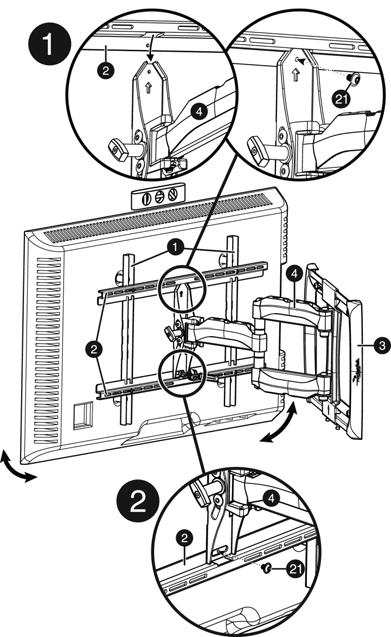 PASO 8: Sujetado del televisor al brazo 1 Para que sea más fácil de conectar el televisor a la placa para pared, coloque el brazo () de manera que el codo se doble de 90 grados y se presione contra