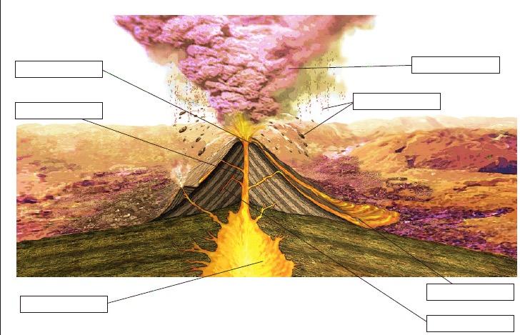 3. Completa el siguiente esquema sobre la estructura de un volcán: 4. Define los siguientes conceptos. a. Astenosfera d. Piroclasto b. Corteza continental e. Sismograma c. Dorsal oceánica f.