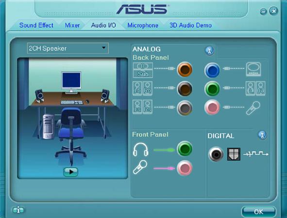 E/S de audio Para establecer las opciones de E/S de audio 1. Haga clic en la etiqueta E/S de audio. 2. Haga clic en el menú desplegable para seleccionar la configuración de los canales. 3.