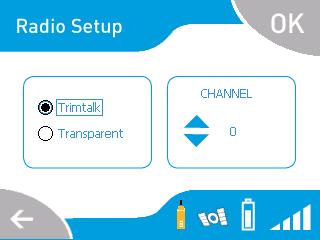 Escoger el formato de emisión: Trimtalk o Transparent Escoger el canal de la radio de Transmisión, dependiendo de las frecuencias configuradas en la PDL (por ejemplo): Canal 0 (433.