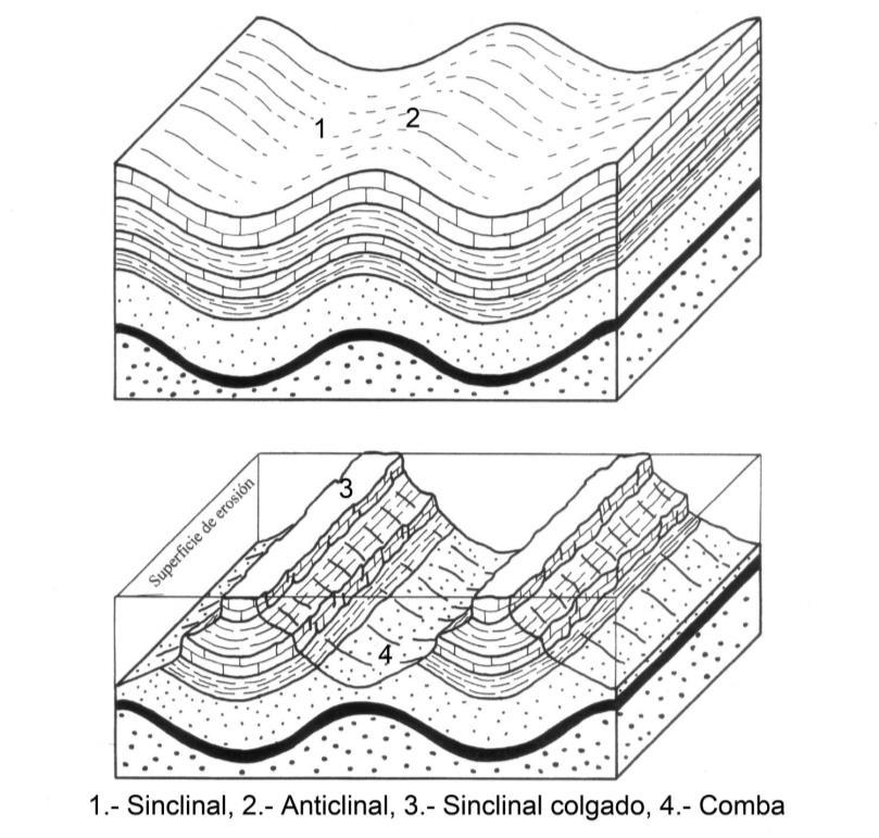 Un valle fluvial que corta transversalmente el anticlinal origina cluses (hoces); la erosión de la charnela anticlinal da origen a un valle anticlinal llamado combe, normalmente limitado por dos