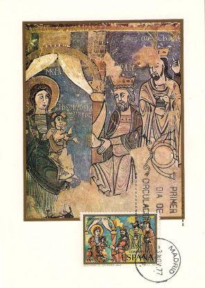 Jaca 03 Noviembre 1977 5 p. Adoración de los Reyes 03.11.77 Tarjeta postal y Obliteración Primer Día de circulación 03.