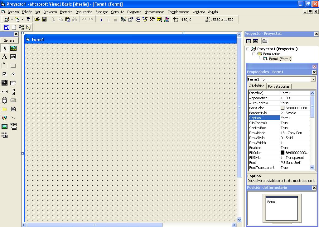 La figura 2.9.8.1 muestra el entorno gráfico de Visual Basic. Figura 2.9.8.1 Entorno gráfico de Visual Basic.