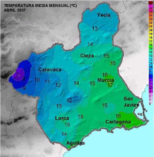 TEMPERATURA TEMPERATURAS MEDIAS MENSUALES Los valores oscilaron entre los mas de 17 ºC, en puntos del litoral sur y en la ciudad de Murcia, y los menos de 10 ºC, en puntos de la Comarca del Noroeste.