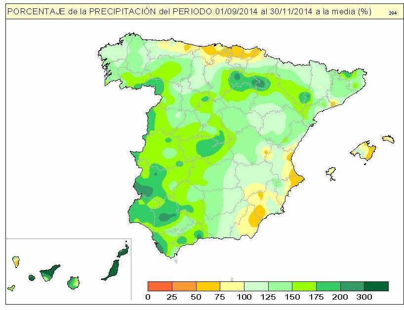 Como se puede apreciar en el mapa que se adjunta, las precipitaciones del otoño han superado los valores medios del trimestre en la mayor parte de España, quedando por debajo de dichos valores tan
