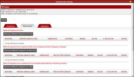 Previo a ingresar a la pantalla Materiales de Perú el sistema muestra un mensaje brindando las indicaciones al Usuario