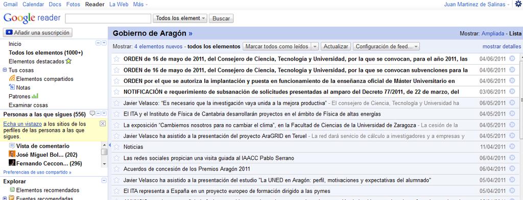 En este caso, vemos que automáticamente la incluye en nuestro Google Reader con el nombre por defecto que hemos usado, es decir, Gobierno de Aragón; a partir de aquí, continuaríamos con el