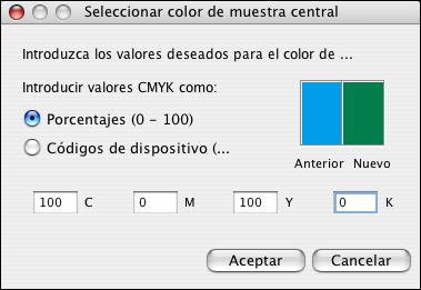SPOT-ON 80 3 Haga clic en la muestra central. Aparece el cuadro de diálogo Seleccionar color de muestra central. 4 Introduzca los valores para los canales de color C, M, Y y K.