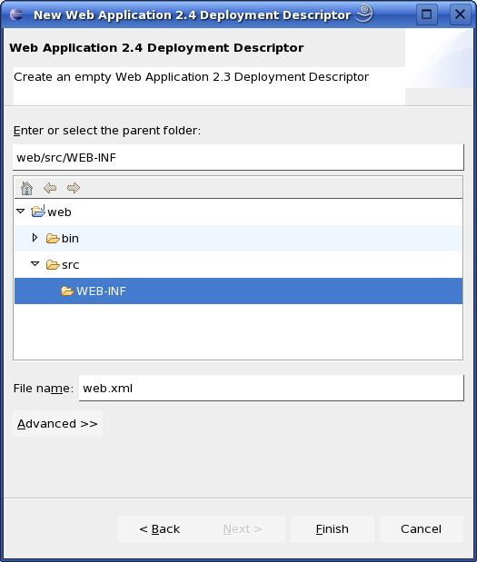 23. Asegurarse de que el deployment descriptor se va a crear en web/src/web-inf y con