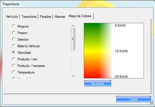 Al hacer click en Mapa de Colores, se abre una ventana que permite seleccionar el sensor, y configurar la escala de colores: Por defecto, el sistema obtiene los valores máximos y mínimos del sensor