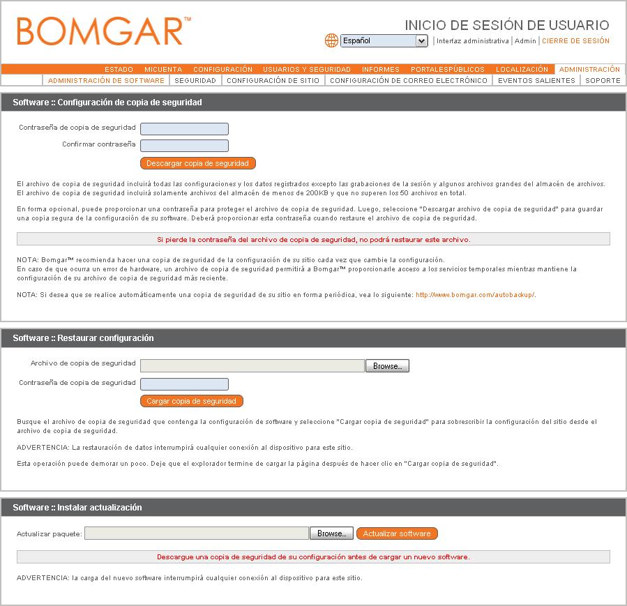 Administración de software Guarde una copia de seguridad de la configuración de su software. Bomgar recomienda guardar una copia de seguridad cada vez que cambia las configuraciones de su Bomgar Box.