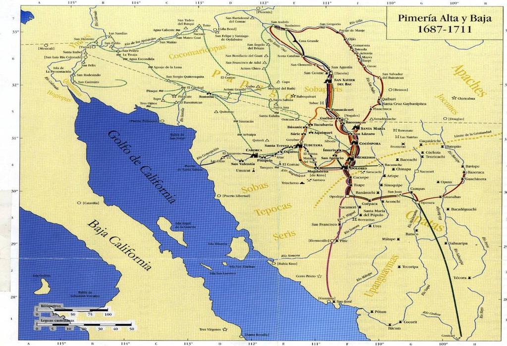 Mapa 3.3 La Pimeria en la colonia, durante la época del padre Kino. Fuente: Archivos de la CDI Caborca, en la carpeta sobre historia y costumbre de los O odham.