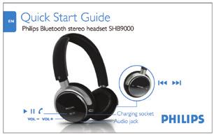 2 Contenido de la caja: SHB9000 Auriculares Bluetooth Cargador Guía de Inicio rápido CD con manual de instrucciones Funda Cable audio 3 Qué más necesitará: Un teléfono móvil que ofrezca streaming