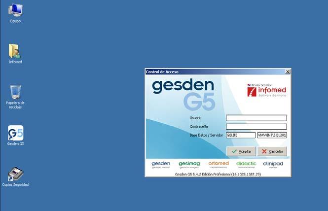 02. Inicio Gesden G5: Se encontrará en el escritorio del pc el icono de acceso a Gesden G5, realizando doble clic con el mouse aparecerá la ventana para ingresar el usuario y contraseña de acceso a