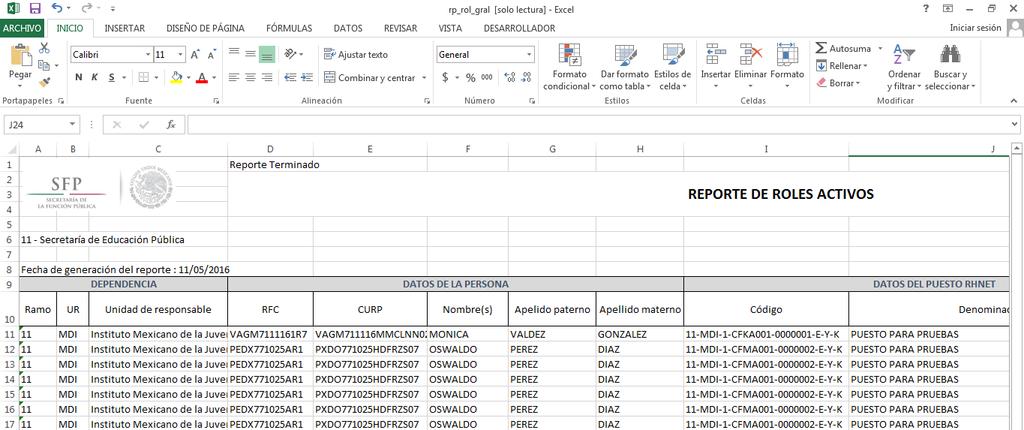 El Reporte de roles activos: Muestra en formato Excel todos los operadores que se encuentran vigentes en su Institución.