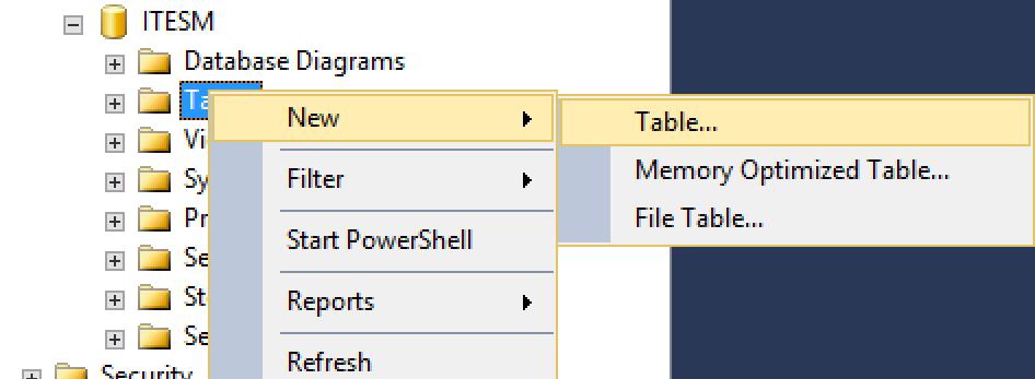 Paso 2 En la nueva base de datos ITESM expandir el árbol de archivos, dar click en tables>new> table En la nueva tabla se asignan