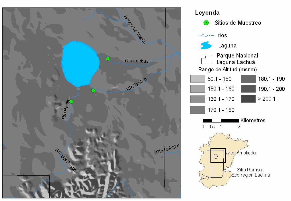 Figura 2. Mapa del Parque Nacional Laguna Lachuá con la ubicación de los sitios de colecta.