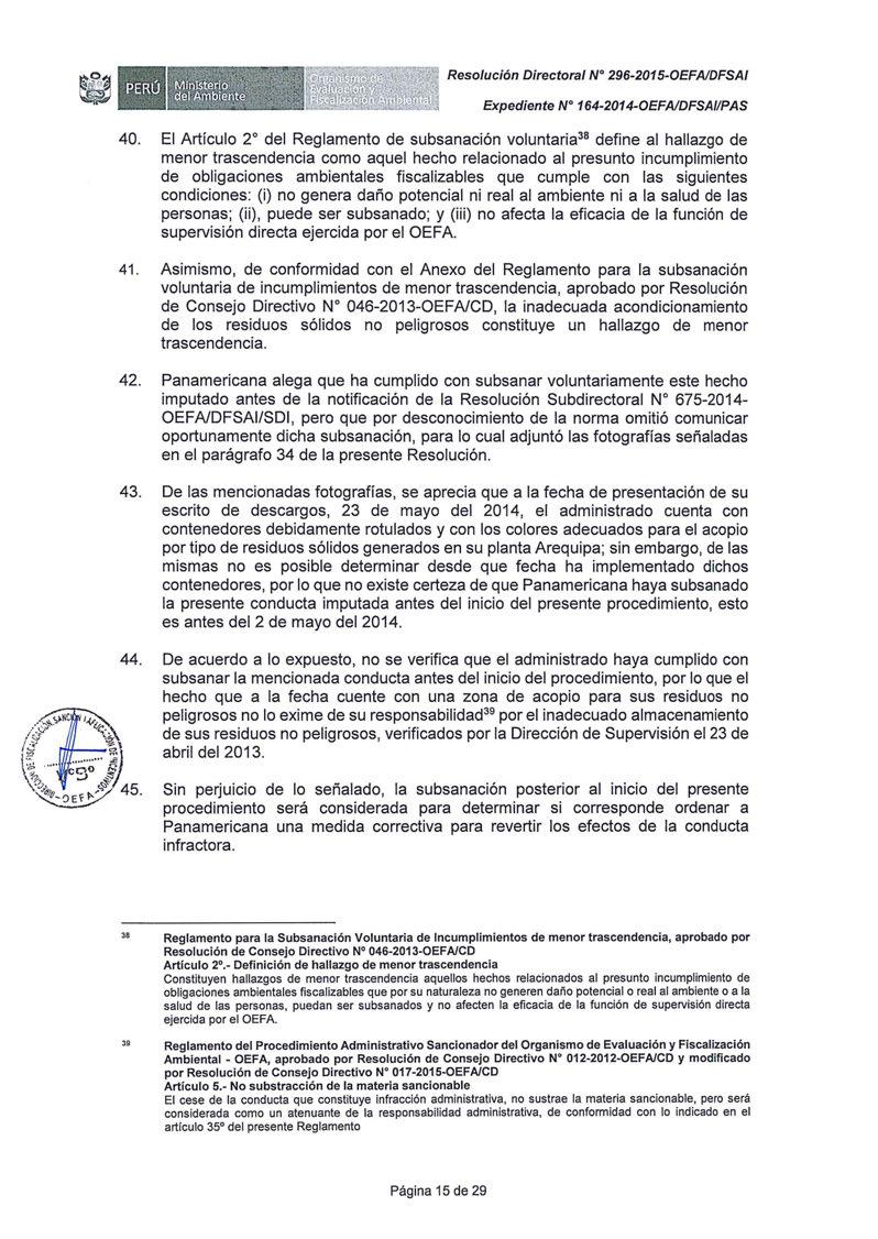 Resolución Directora/ N 296-2015-0EFAIDFSA/ Expediente N 164-2014-0EFAIDFSAI/PAS 40.