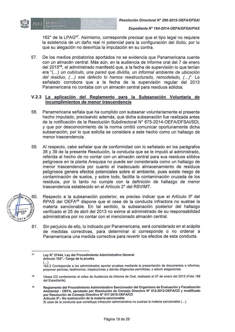 Resolución Directora/ Nº 296-2015-0EFAIDFSAI Expediente Nº 164-2014-0EFAIDFSAIIPAS 162º de la LPAG 47.