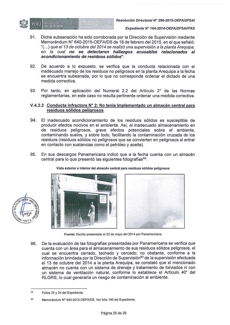Resolución Directora/ Nº 296-2015-0EFAIDFSA/ Expediente N 164-2014-0EFAIDFSAI/PAS 91.